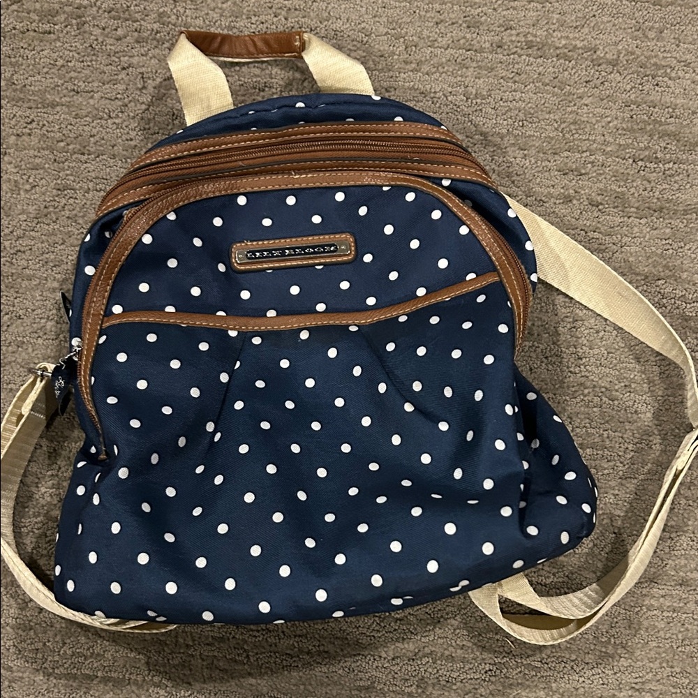Lily bloom gently used Navy Polka Dot Backpack with Brown Accents